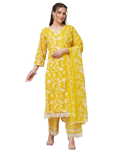 Image of MOKOSH Women's Cotton Botanical Print Embroidered Kurta Pant Dupatta Set (462-DM)