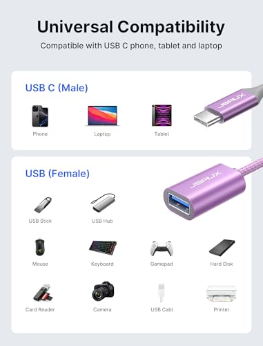 Image of JSAUX USB C to USB 3.0 Adapter [2 Pack], USB C Male to USB Female OTG Cable Adapter Compatible with MacBook Pro /Air, iPhone 16 Pro Max /16 Plus /16e /15, Samsung Galaxy S25 /S24 /S23-Purple