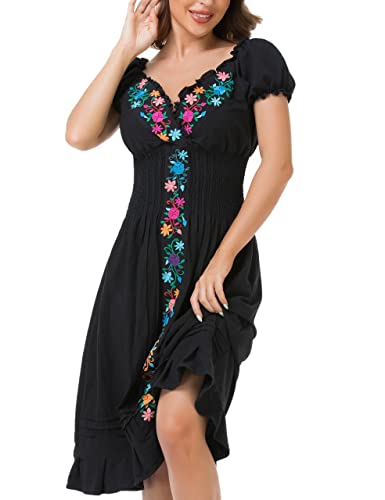 YZXDORWJ Women Mexican Embroidered Casual Dress Summer Ruffle V Neck Short Sleeves3
