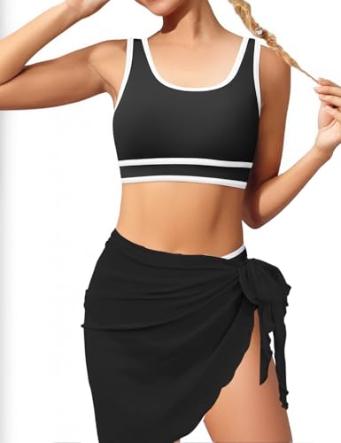 Teen Girls Swimsuit High Waist Sporty Bikini Bathing Suits with Cover Up Skirt and Sunglasses 4 Piece Set 8-15 Years2