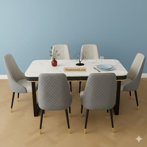 Image of 6-Seater Modern Nano Composite Marble Top Dining Table Set |2yr Warranty - Premium Top, MS Foldable Base| Suede Upholstered Chairs | Furniture for Home (Grey & Cream) - 36 inchX72 inchX30 inch in