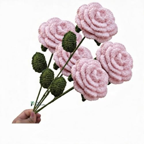 Image of Prapti Handicrafts Handmade Crochet Artificial Flowers for Vase, Home Decoration (5, Pink Rose)
