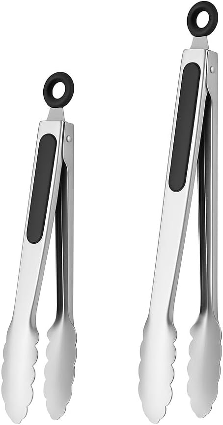 Stainless Steel Kitchen Tongs, Heat Resistant Locking Cooking Utensils for BBQ, Salad, and Grilling – Dishwasher Safe – (12'' And 9'')