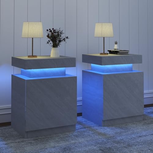 MXV Nightstand Set of 2 with LED Lights Night Stand with Storage Cabinet for Bedroom Bedside Table with LED (Grey 24IN Tall)