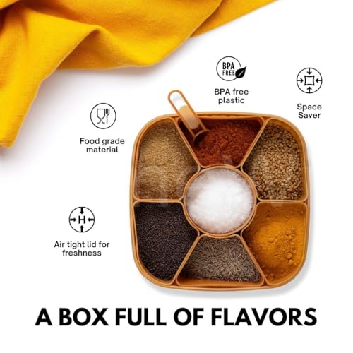 Image of 7-in-1 Premium Masala Box with Secure Compartments - Multipurpose Kitchen Spice Organizer, Rangoli Design (Brown Finish)