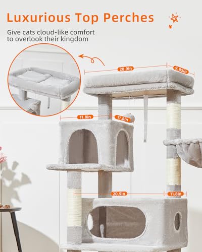 Image of Taoqimiao Cat Tree, 49In Cat Tower for Indoor Cats Large Adult | 2 Luxurious Cat Condos, Thick Padded Top Perch, Adjustable Hanging Baskets, 5 Scratching Sisal Posts, Light Gray MS029LW