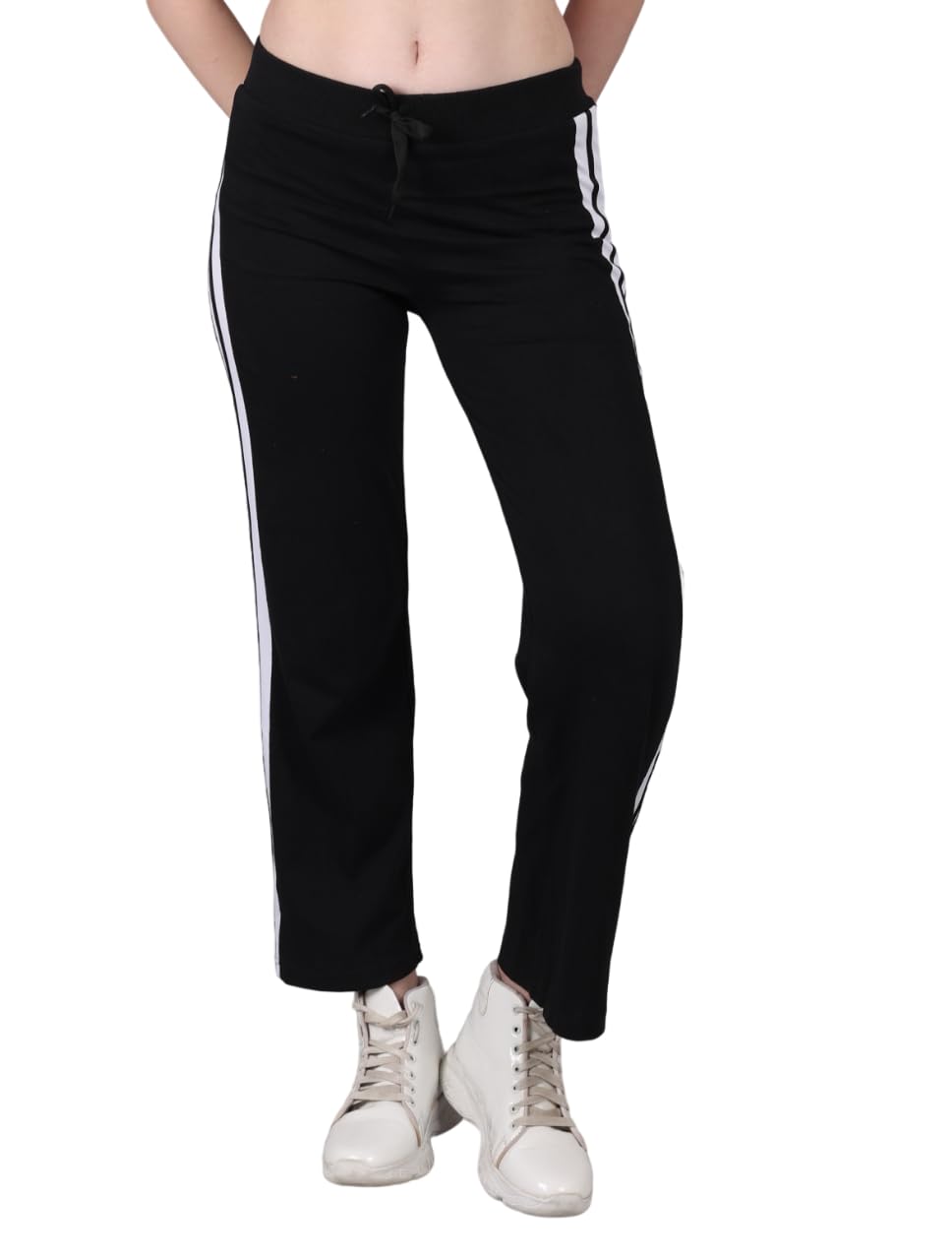 mgrandbear Women's Cotton Track Pants with Side Stripes, Black-picture-54