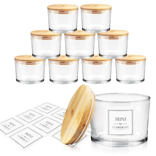 Lot de 9 Pots à Bougies en Verre Transparent 450ml avec Couvercles en Bois, Contenants Vides pour Bougies avec Étiquettes Autocollantes de Sécurité pour...
