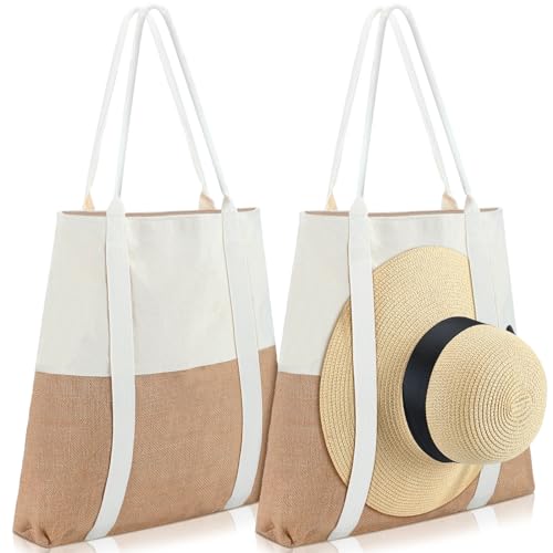 2 Pcs Large Beach Tote Bag Travel Tote Hat Bag for Women with Sun Hat Holder Strap Boho Summer Beach
