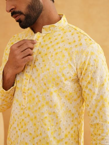 Image of SOJANYA (Since 1958 Men's Cotton Gold Sequinned Kurta with White churidaar Pyjama
