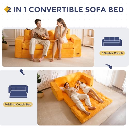 Image of MAXYOYO Convertible Sofa Bed, Pull Out 3 Seater Sofa Couch, 2 in 1 Folding Couch Bed, Fold Out Floor Couch with Pillows for Living Room Bedroom, Orange