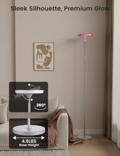 Image of UFO LED Torchiere Floor Lamp with RGB Ambient Light, 42W 3700LM Bright Dimmable Sky Lamp,71in Modern Tall Standing Lamp with Remote Touch Control&Timer,for Living Room Bedroom Office Gaming Room,Gray