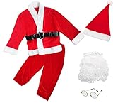 Carnavalife Disfraz de Papá Noel para Chico, Chaqueta con Cinturón Pantalón de Cintura Elástica Gorro de Navidad y Barba Gafas para Fiestas Navideñas y Cosplay de Papá Noel, 6pcs (3-4 años)