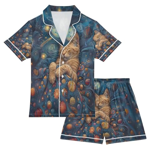senya Cat Sleeping in Space Satin Summer Pajama Sets Silk Short Sleeve Button Down Sleepwear