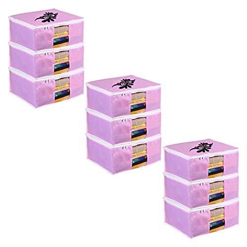 Image of PrettyKrafts Large Saree Cover With Creative Prints, Wardrobe Organiser, Clothes Cover & Storage, Zip Closure and Transparent Window | Clothes Storage Bag | Set of 9, Pink | Size: 40 x 35 x 20 cm