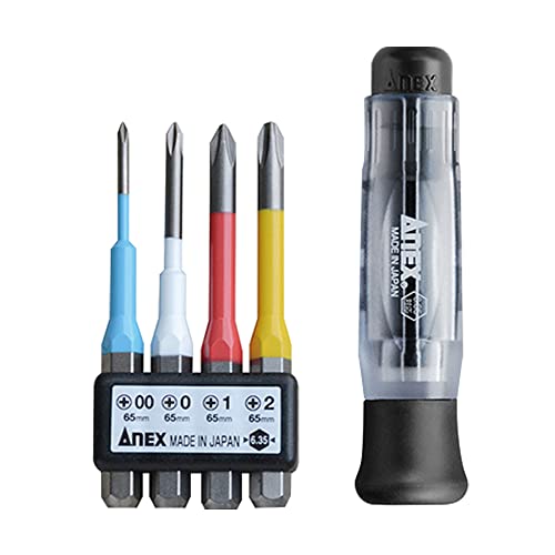 ANEX Screwdriver, Replaceable Type, Precision Type, Set of 4 Bits (+00/+0/+1/+2) No. 3614