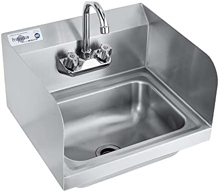 Profeeshaw Stainless Steel Sink Commercial Wall Mount Hand Washing Basin NSF Certified, with Gooseneck Faucet and Side Splash Guard, for Restaurants, Stores, Bars and Home, 17" x 15" …