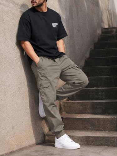Image of Men's Cotton Cargo Pants | Cargo Trousers with Flap Buttoned Pocket | Elastic Waist Drawstring Casual Cargo Pants | Regular Fit Outdoor Travel Streetwear Bottom Wear