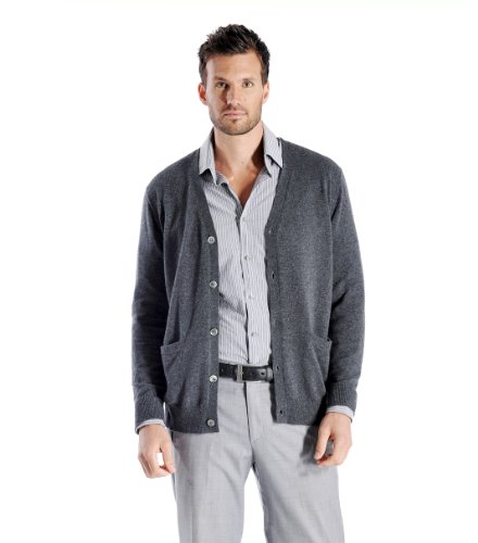 Cashmere Boutique: Men's100% Pure Cashmere Button Front Long Sleeve Cardigan Sweater with PocketsColor: Charcoal Gray, Size: Large3