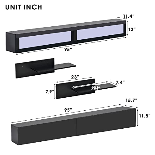 Merax Wall Mount Floating Tv Stand With Four Media Storage Cabinets And Two Shelves, Modern High Gloss Entertainment Center For 95+ Inch Television, 16-Color Rgb Led Lights For Living Room, Black #TOP5