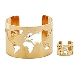 Xanight Cuff Open Bangle Bracelet Finger Ring Set Gift for Women,Stainless Steel Broad Chunky Black World Map Engraved Bangles,Silver Adjustable Wide Wrist Wrap Boho Bracelet Thumb Ring Band Set(Gold)