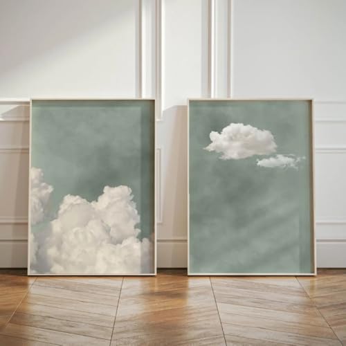 set of 2 Sage Green Cloud Sky Abstract Canvas Print Poster Modern Minimalist Art Prints Home Decor Wall Art Poster,A2 (42X60CM)