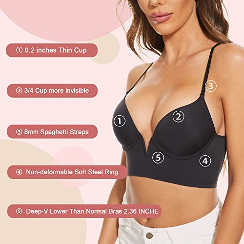 Low Back Bras For Women-Seamless Wired Deep-V Plunge Invisible Backless Bras Low Cut Multiway Halter Bra (Black, Xx-Large) #TOP5