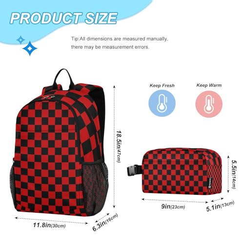Nisza Kids School Backpack with Lunch Box, Black and Red Checkers Board Elementary BookBag Set for Girls Boy2
