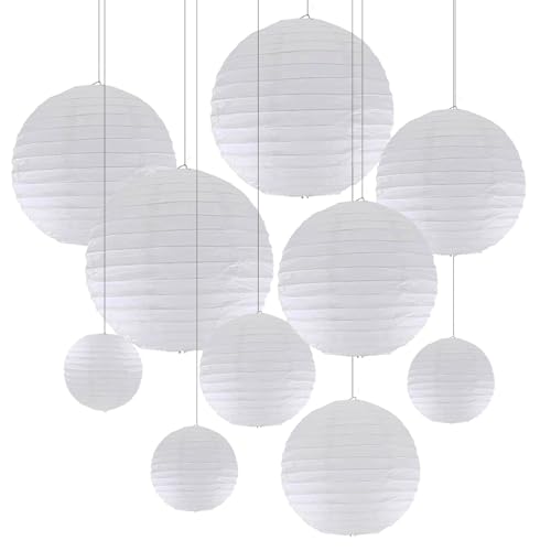 ZYOOO Lanterne en Papier Blanc,Lot de 10 Rondes Suspension Lanterne en Papier pour Mariage, Anniversaire, Fête Prénatale, Mariage, Décoration de Jardin