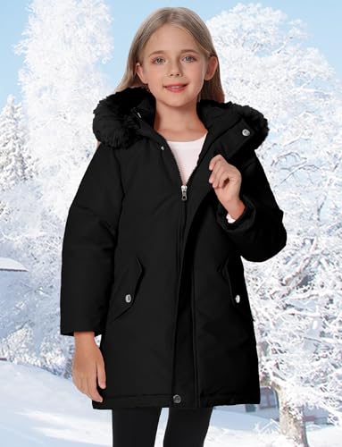 Happy Cherry Girls Winter Warm Thicken Jacket with Fleece Line Long Sleeve Coat Mid-Length Hooded Parka Jackets 3-11Y3