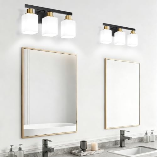 Image of Black and Gold Vanity Light,3-Light Bathroom Light Fixtures,17 inch | Modern Bathroom Light Fixtures with Square Frosted Glass,Wall Sconces Lighting fixtures Over Mirror Restroom, Living Room