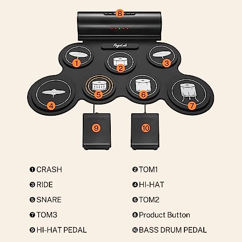 POGOLAB Schlagzeug Elektronisch E Drumset, 7 Pad, Aufrollbares Elektronisches Schlagzeug mit Lautsprecher, Wiederaufladbar Elektrische Trommel mit Sustain-Pedale, Bluetooth, Kopfhörerschlitz, Anfänger