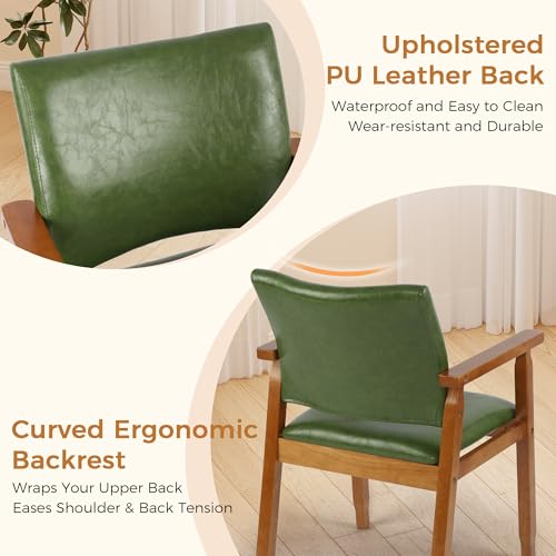Image of NOBPEINT Mid-Century Modern Dining Chairs with Armrest Set of 2, PU Leather Upholstered Dining Room Chairs with Solid Wood Frame, Walnut Kitchen Armchairs for Kitchen Living Room Restaurant, Green