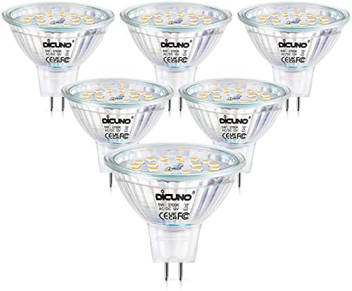 DiCUNO MR16 LED Light Bulbs, GU5.3 Spotlight Bulb Dimmable, 12V DC 5W Equivalent to 50W Halogen, Warm White 2700K, 500LM, 120° Beam Angle Bi-Pin Base Track Light, 6 Packs