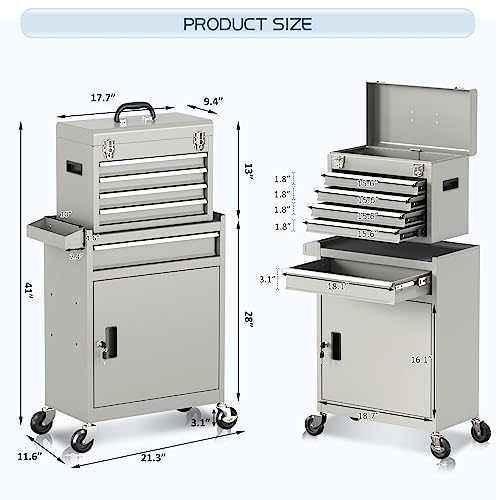 5-Drawers Rolling Tool Chest Tool Box With Wheels, 2-In-1 Detachable Tool Storage With Large Cabinet And Sliding Drawers, Removable Tool Box Organizer With Lockable For Garage, Workstation (Grey) #TOP6