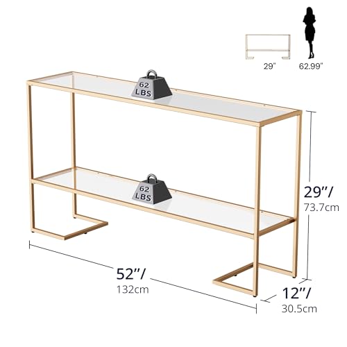 Cozy Castle 52" Entryway Table, 2-Tier Narrow Console Table, Tempered Glass Sofa Table with Metal Frame, Entry Table with Shelves, Console Tables for Entryway, Hallway, Foyer, Living Room, Gold