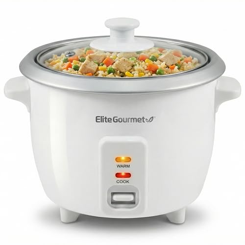 Elite Gourmet ERC-003X Electric Rice Cooker with Automatic Keep Warm Makes Soups, Stews, Grains, Hot Cereals, 6 Cups Cooked (3 Cups Uncooked), White