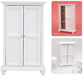 Dollhouse Miniature Wardrobe, 1:12 Mini Furniture Dollhouse White Wooden Wardrobe Double Door Household Closet Model Toy Home Decor