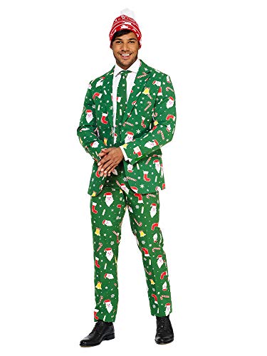 Opposuits Christmas Suits for Men in Different Prints  Santaboss Ugly Xmas Sweater Costumes Include Jacket Pants & Tie + Free Beanie  US 42