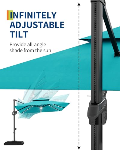 10' x 10' Heavy Duty Cantilever Patio Umbrella with Solar LED Lights & Weighted Base, 2-Tier Square Aluminum Offset Umbrella with 360-Degree Rotation for Backyard, Deck, Pool, Turquoise Blue