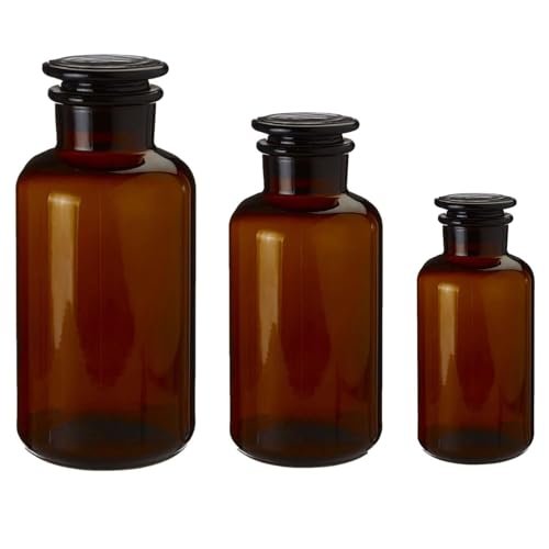 UNIQUE HOME LIVING Apothecary Jar Set of 3 Reagent Bottles, Amber Glass Storage Jars with Lid, Vintage Refillable Container for Essential Oils, Bath Salts, Lotion, Perfume - 1000ml, 500ml & 250ml