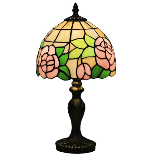 KALOUFUL Small Tiffany Table Lamp,3 Color Temperature Pink Rose Stained Glass Table Lamps for Living Room, Dining Room,Bedroom Bedside Nightstand Night Light,W/LED Bulb,8X8X15Inch