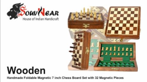 Image of SOUVNEAR Wooden Handcrafted Foldable Magnetic Chess Board Set with 34 Magnetic Pieces 2 Queens Extra for 2 Players Kids and Adults (12x12 Inches, Brown Yellow)
