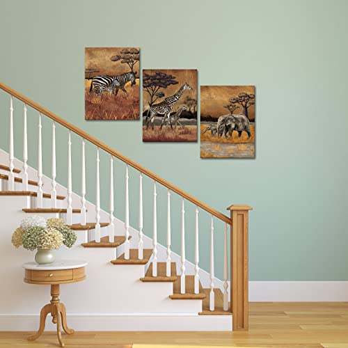 Fushvre 3 Pieces Safari Wall Art Mom And Baby Zebra Giraffe And Elephant Canvas Painting Stretched And Framed Africa Animal Artwork For Home Office Wall Decor #TOP2