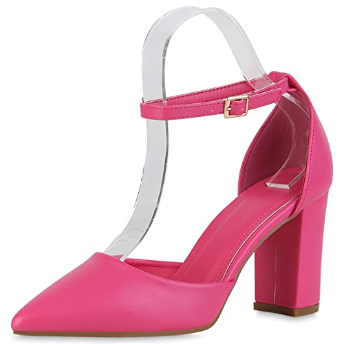 VAN HILL Damen Spitze Pumps Klassische Freizeit Schuhe Blockabsatz Abendschuhe Elegante Leder-Optik Absatzschuhe 211244 Fuchsia Gold 38