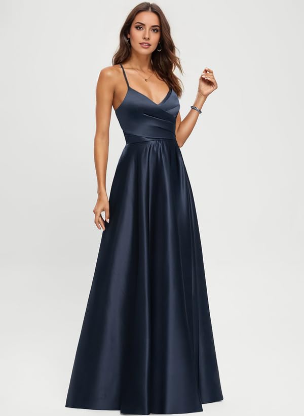 Women's V Neck Bridesmaid Dresses with Slit Ruched Waist Satin Pleated Formal Party Dress NO984