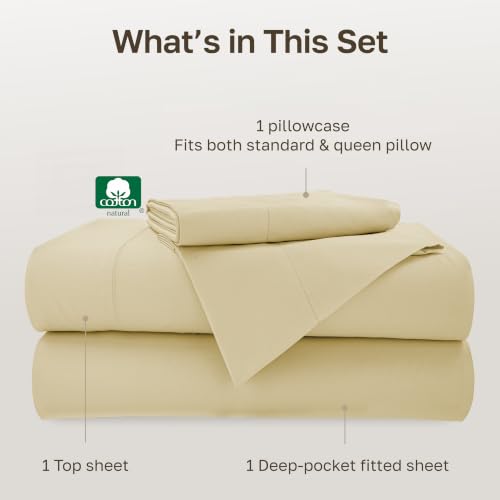 Image of California Design Den Twin Bed Sheets Set - 500 Thread Count Sateen, 100% Cotton, Almond Twin Sheet Set, Deep Pocket Bedding with All Around Elastic for a Snug Fit - Butter Almond