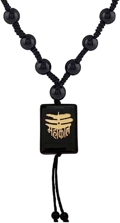 M Men Style Mahadev Mahakal Religious Locket with Onyx Crystal Beads Black GOld Crystal, Cotton Dori Pendant Necklace Chain for Men and Women SMa202223