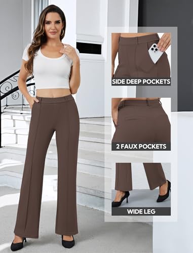 Women's Work Dress Pants Wide Leg Business Casual Slacks Sretchy Pull on High Waisted Office Trousers with Pockets Brown4