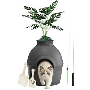 Mondeer Katzentoilette mit Kunstpflanze, Gehege, versteckte Katzentoilette mit Geruchsfilter, Katzenhaus für Wohnzimmer, Schlafzimmer, Ecke, inklusive 2 Schaufeln und Spielzeug, Schwarz